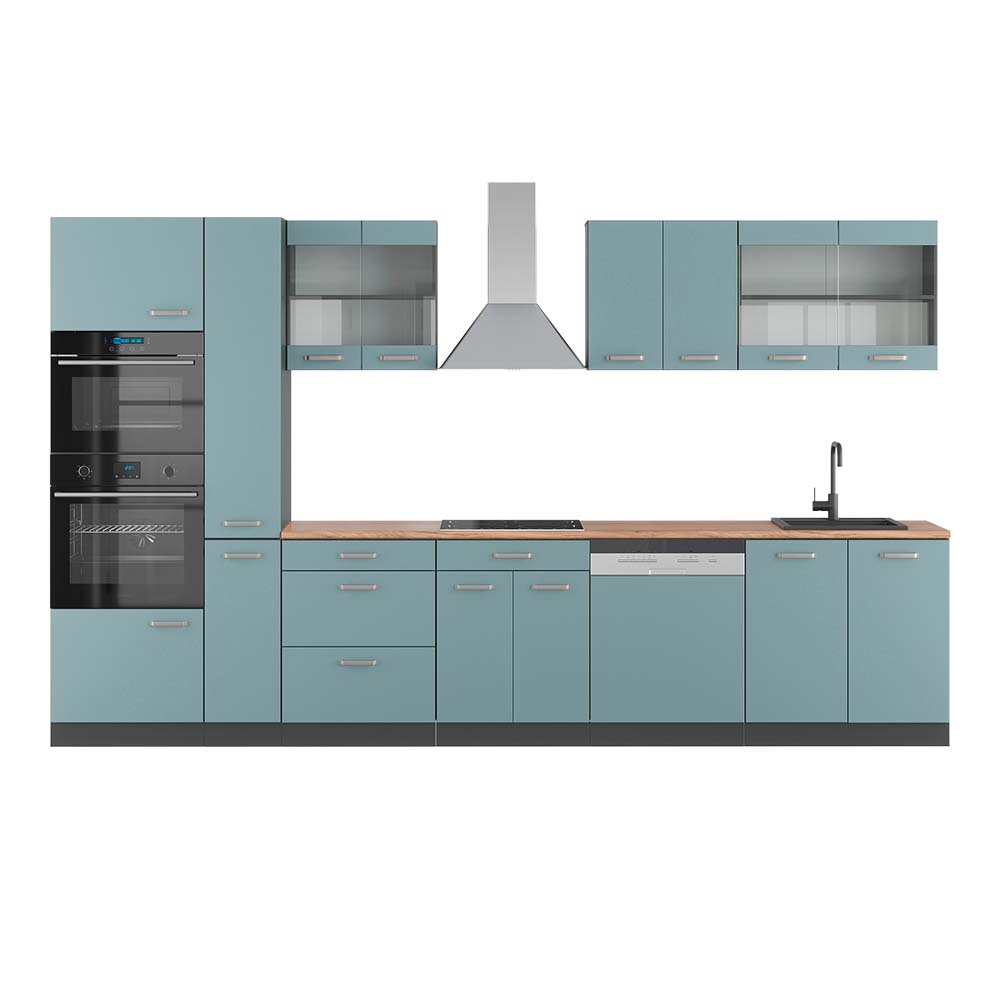 Vicco Cucina componibile Blu-grigio/antracite 350 cm con armadio alto, PL Rovere