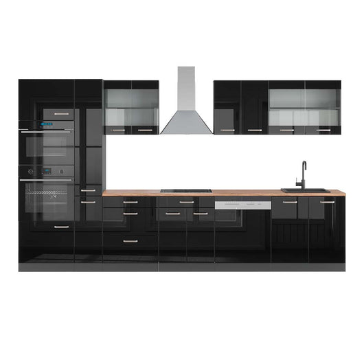 Vicco Mobile da cucina Nero lucido/antracite 350 cm con armadio alto, PL Rovere