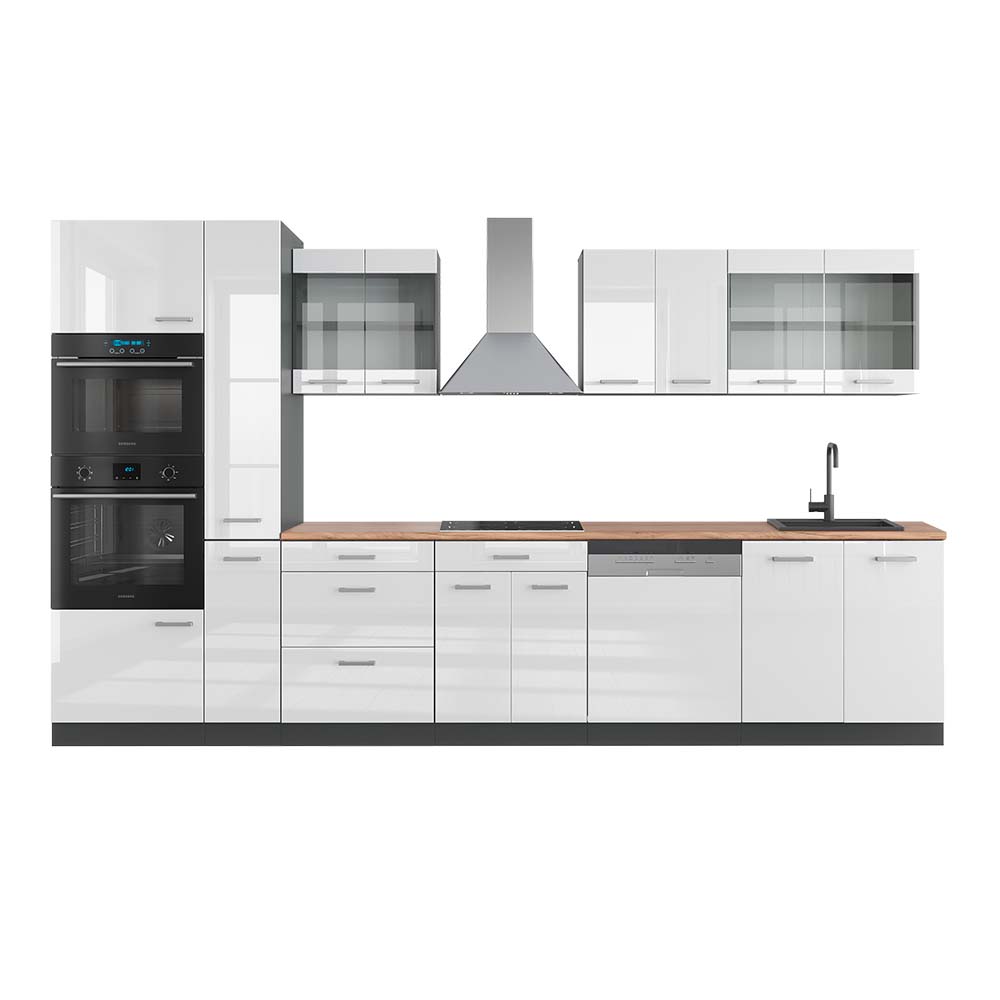 Vicco Cucina  Bianco lucido/antracite 350 cm con armadio alto, PL Rovere