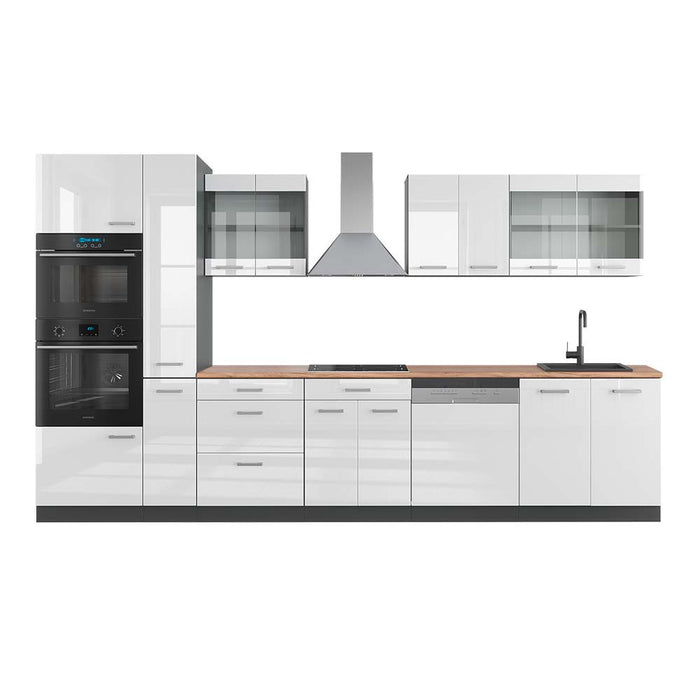 Vicco Cucina  Bianco lucido/antracite 350 cm con armadio alto, PL Rovere
