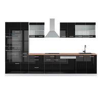 Vicco Cucina componibile Nero lucido/bianco 350 cm con armadio alto, PL Rovere