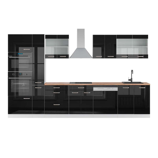 Vicco Cucina componibile Nero lucido/bianco 350 cm con armadio alto, PL Rovere