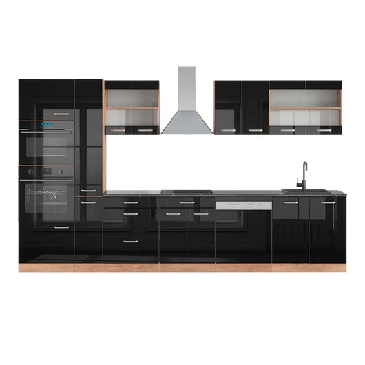 Vicco Cucina componibile Rovere nero/oro lucido 350 cm con colonna, piano di lavoro antracite