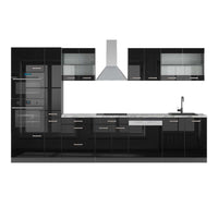 Vicco Mobile da cucina Nero lucido 350 cm con armadio alto, PL Marmo