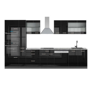 Vicco Mobile da cucina Nero lucido 350 cm con armadio alto, PL Marmo