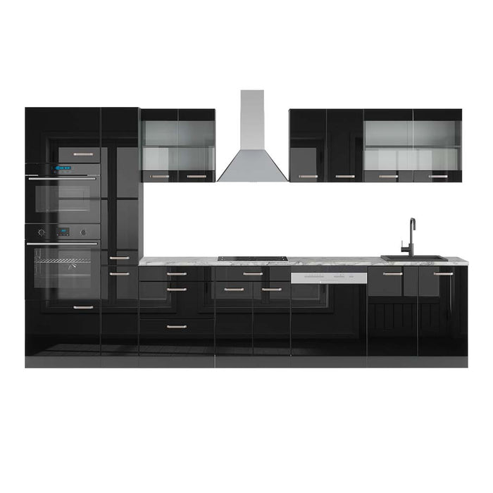 Vicco Mobile da cucina Nero lucido 350 cm con armadio alto, PL Marmo