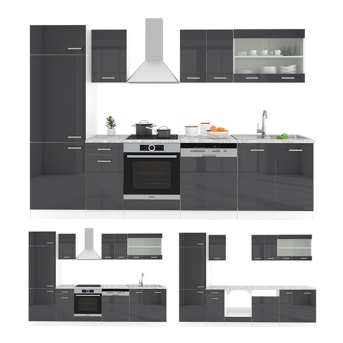 Vicco Cucina componibile Antracite lucido/bianco 300 cm senza piano di lavoro