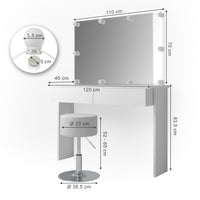 Vicco Tavolo da toeletta Bianco 120 cm con illuminazione LED e sgabello