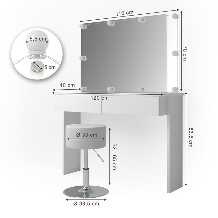 Vicco Tavolo da toeletta Bianco 120 cm con illuminazione LED e sgabello