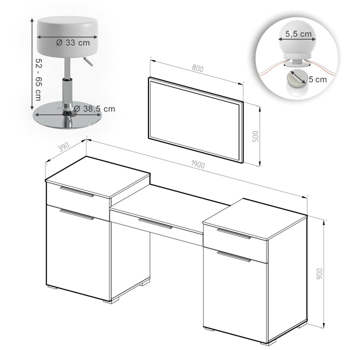 Vicco Tavolo da toeletta Bianco 190 cm con illuminazione LED e sgabello