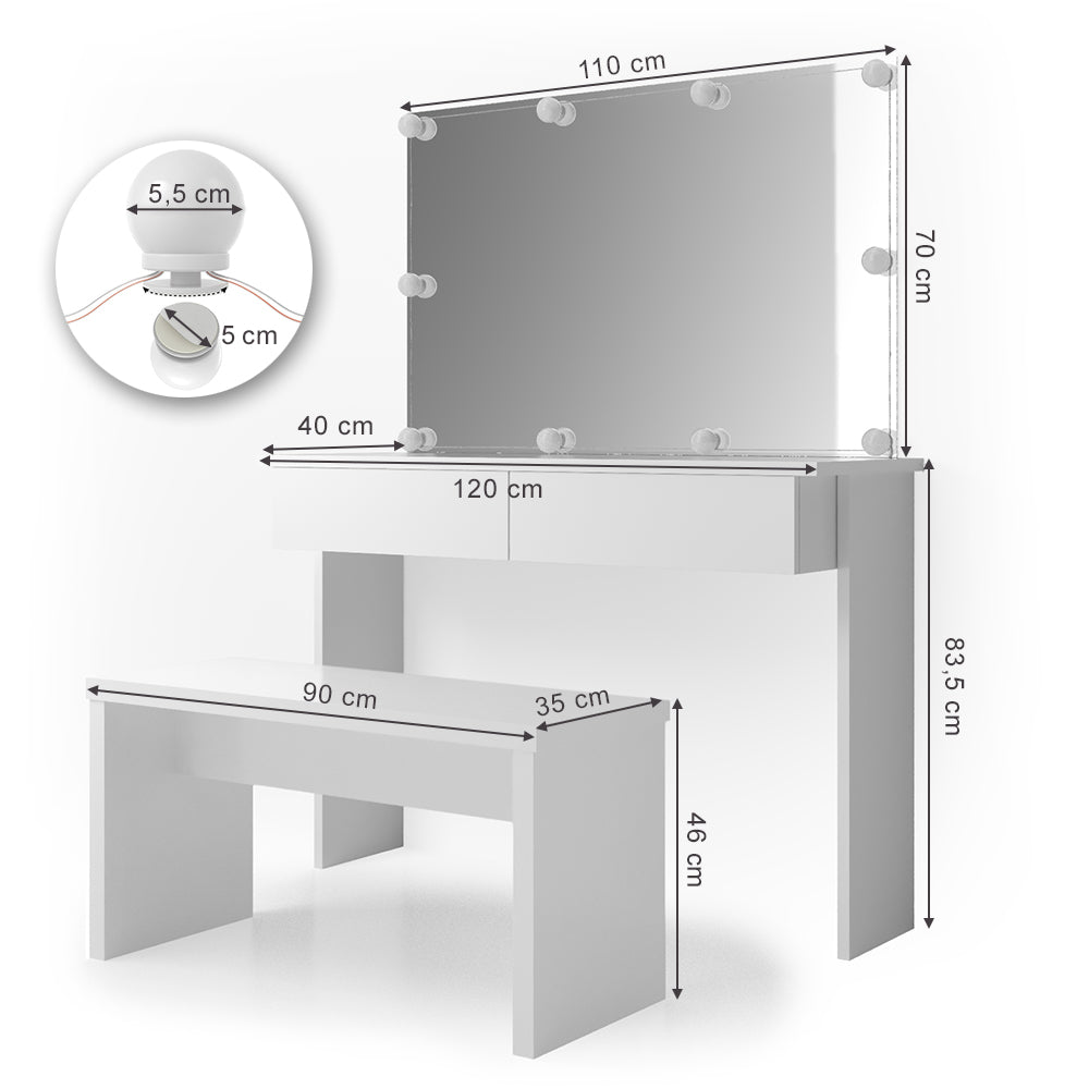 Vicco Tavolo da toeletta Bianco 120 cm con illuminazione a LED e panca