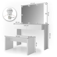 Vicco Tavolo da toeletta Bianco 120 cm con illuminazione a LED e panca