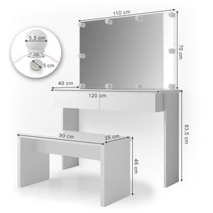 Vicco Tavolo da toeletta Bianco 120 cm con illuminazione a LED e panca