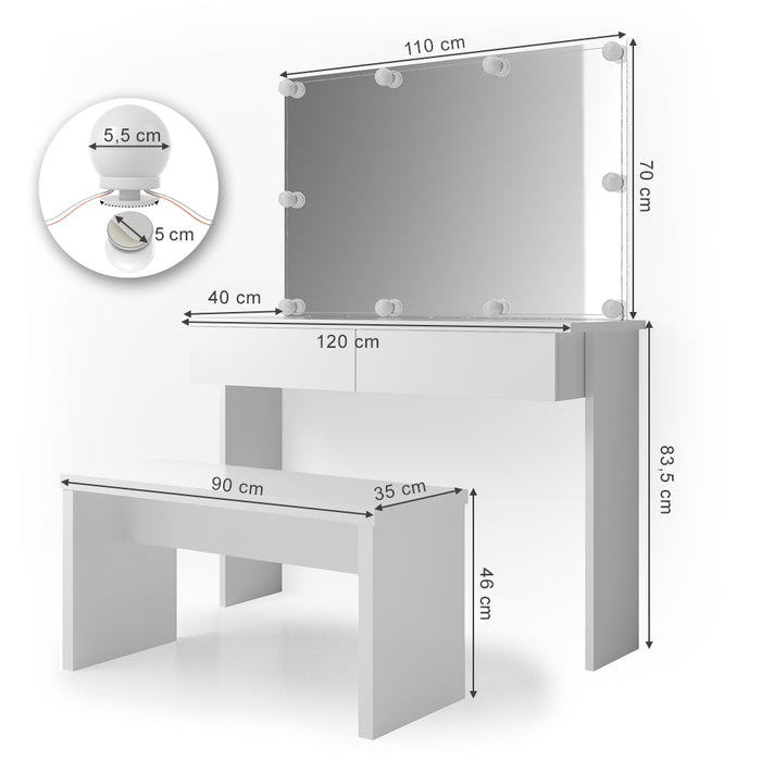 Vicco Tavolo da toeletta Bianco 120 cm con illuminazione a LED e panca