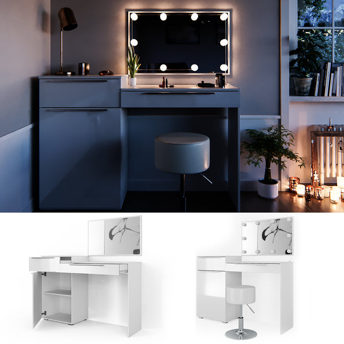 Vicco Tavolo da toeletta Bianco 135 cm con illuminazione LED e sgabello