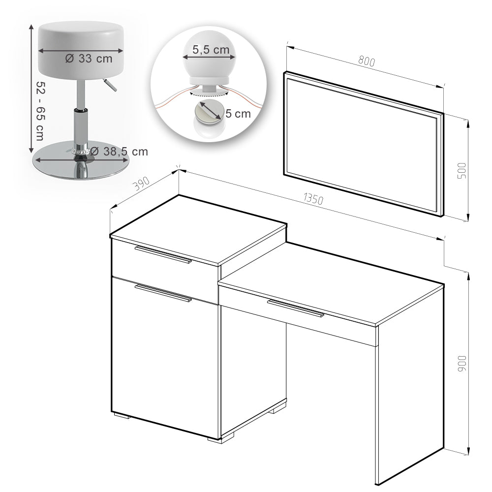 Vicco Tavolo da toeletta Bianco 135 cm con illuminazione LED e sgabello