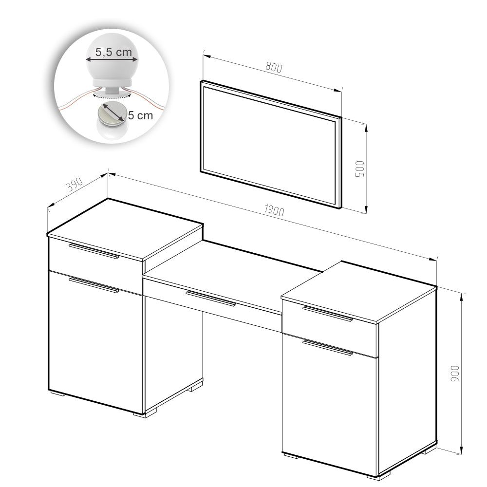 Vicco Tavolo da toeletta Bianco 190 cm con illuminazione a LED