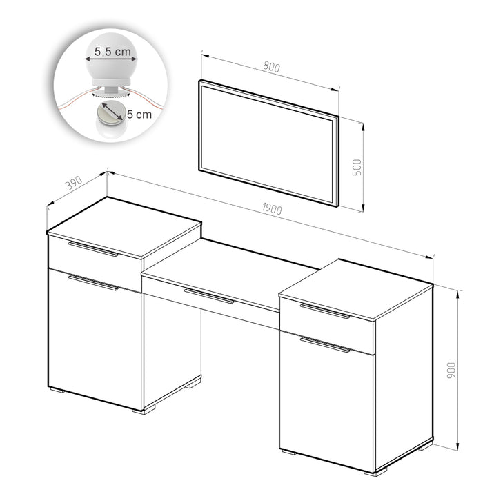 Vicco Tavolo da toeletta Bianco 190 cm con illuminazione a LED