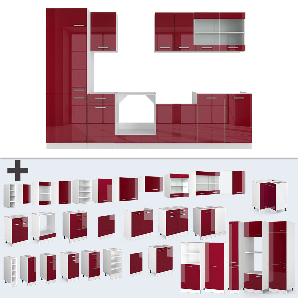 Vicco Cucina componibile Rosso lucido/bianco 300 cm senza piano di lavoro