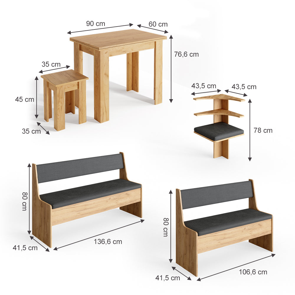 Vicco Gruppo panca ad angolo Quercia dorata 180 x 41.5 cm con tavolo