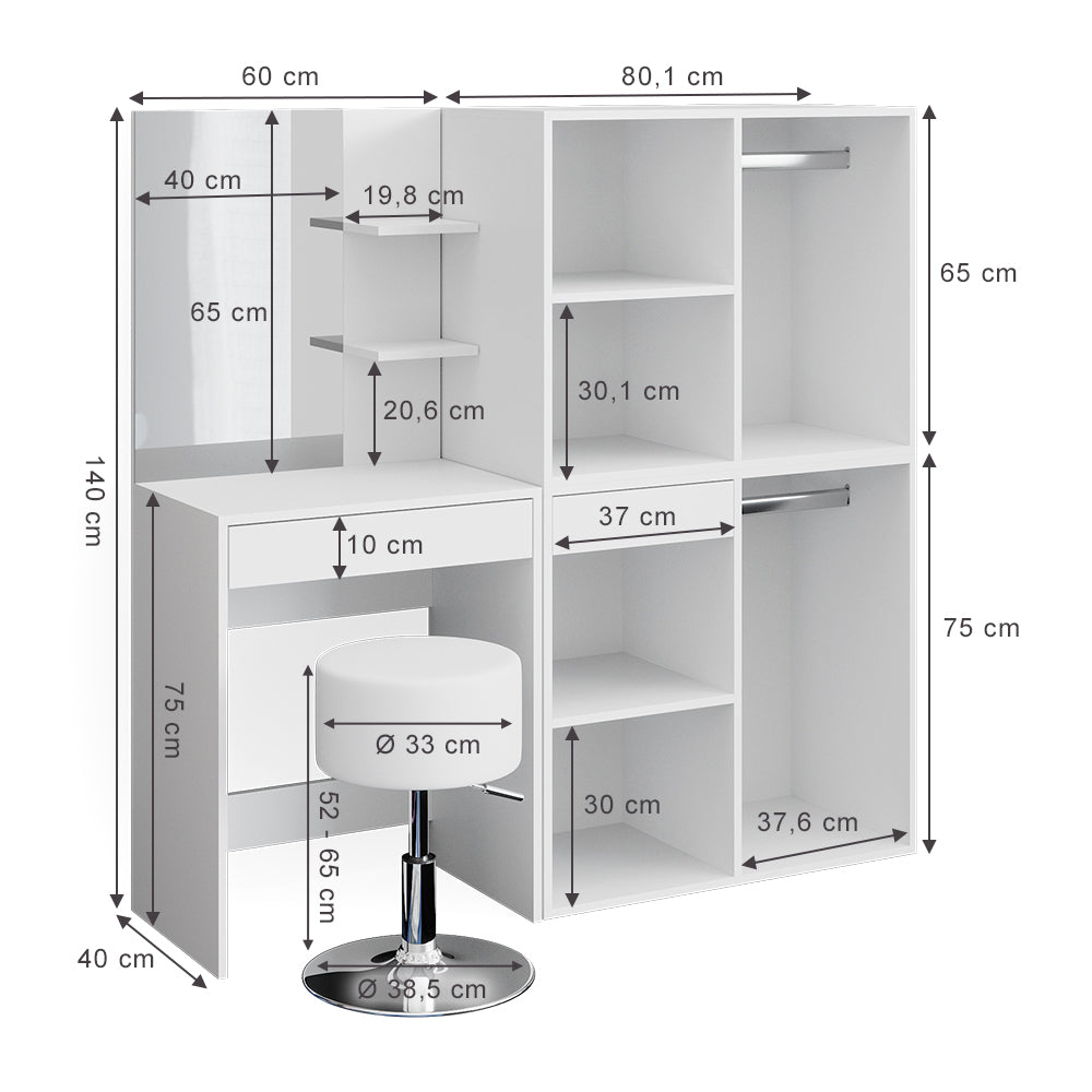 Vicco Tavolo da toeletta Bianco 60 cm con sgabello e armadio