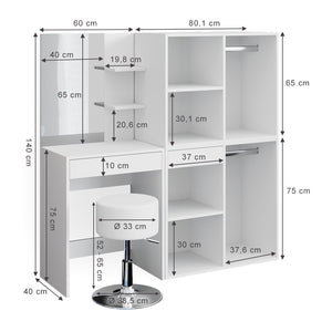 Vicco Tavolo da toeletta Bianco 60 cm con sgabello e armadio