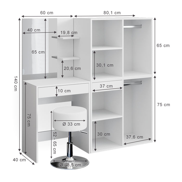 Vicco Tavolo da toeletta Bianco 60 cm con sgabello e armadio