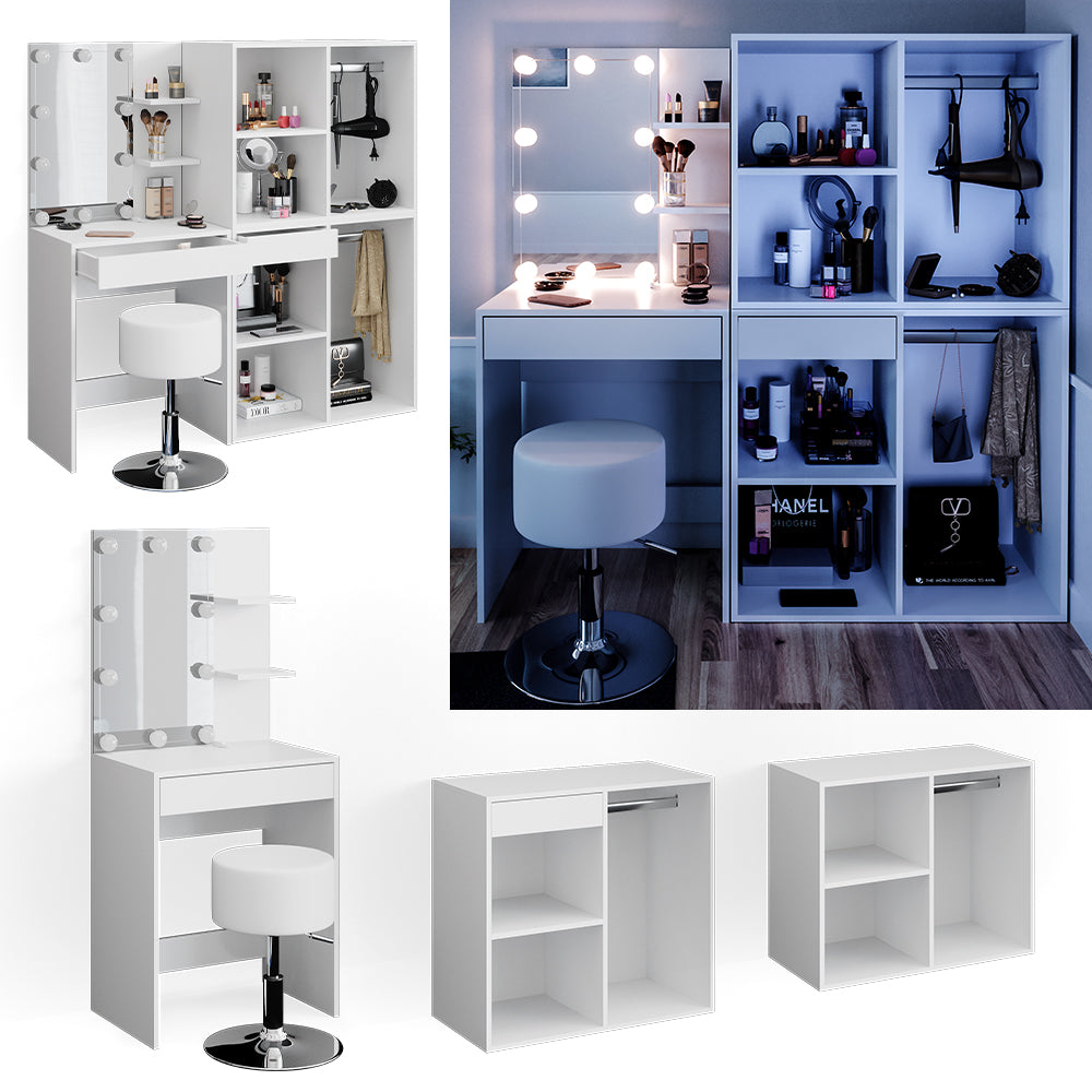 Vicco Tavolo da toeletta Bianco 60 cm con LED, sgabello e armadio