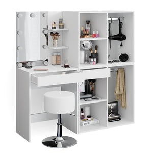 Vicco Tavolo da toeletta Bianco 60 cm con LED, sgabello e armadio