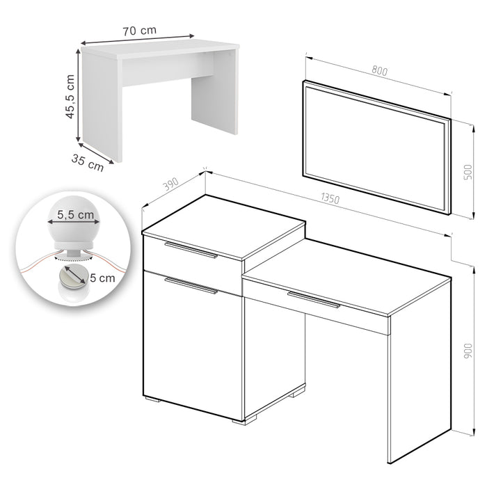 Vicco Tavolo da toeletta Bianco 135 cm con illuminazione a LED e panca