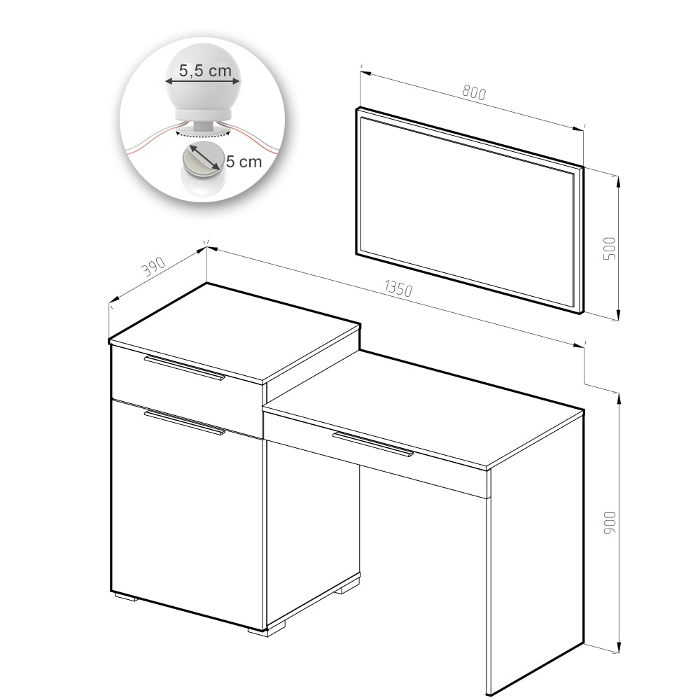 Vicco Tavolo da toeletta Bianco 135 cm con illuminazione a LED