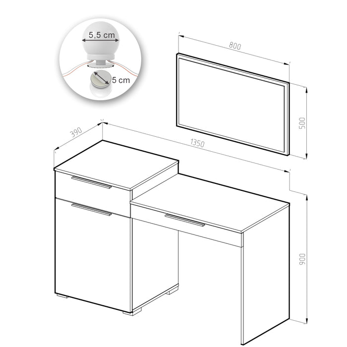 Vicco Tavolo da toeletta Bianco 135 cm con illuminazione a LED