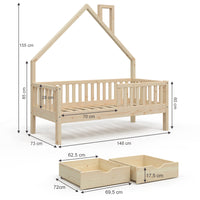 Vitalispa Letto montessori bambini Legno naturale 80x160 cm con 2 cassetti e materasso