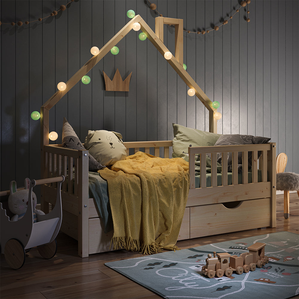 Vitalispa Letto montessori bambini Legno naturale 80x160 cm con 2 cassetti e materasso