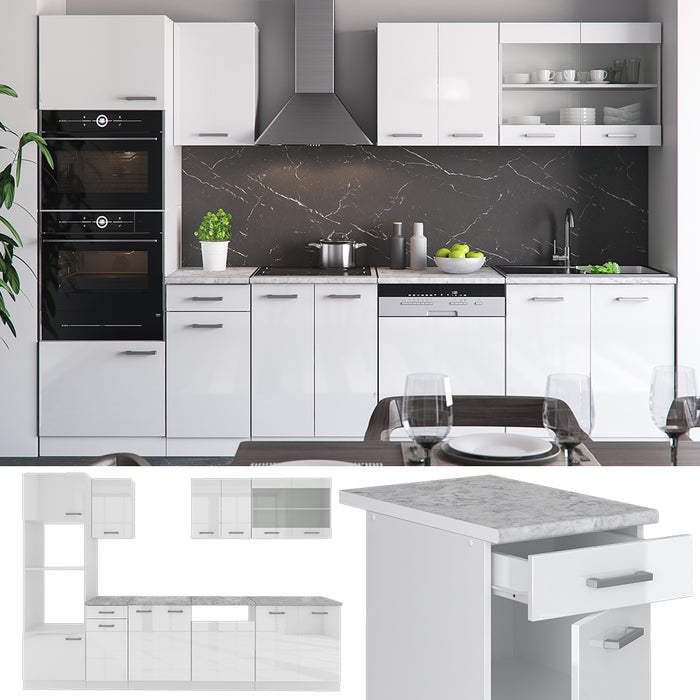 Vicco Cucina componibile Bianco lucido/bianco 300 cm con armadio alto, PL Rovere