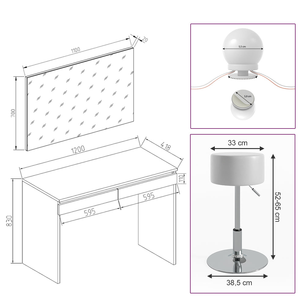 Vicco Tavolo da toeletta Bianco 120 cm con illuminazione LED e sgabello