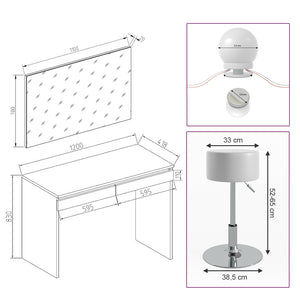 Vicco Tavolo da toeletta Bianco 120 cm con illuminazione LED e sgabello