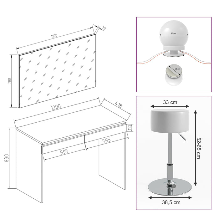 Vicco Tavolo da toeletta Bianco 120 cm con illuminazione LED e sgabello