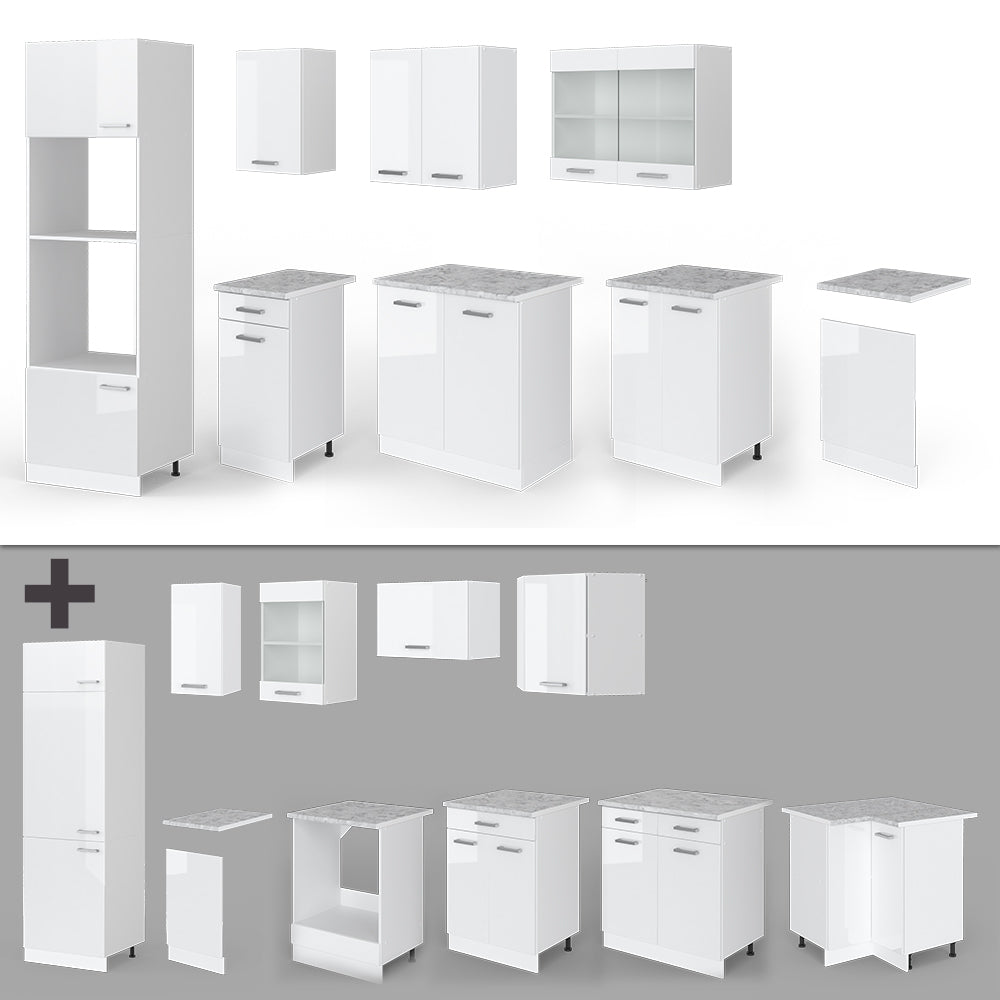 Vicco Cucina componibile Bianco lucido/bianco 300 cm con armadio alto, PL Antracite