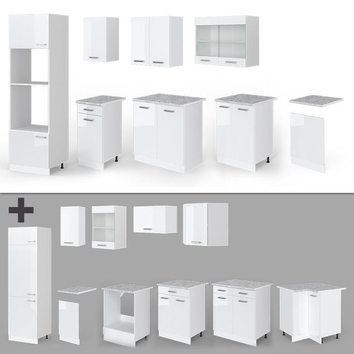 Vicco Cucina componibile Bianco 300 cm con armadio alto, PL Marmo