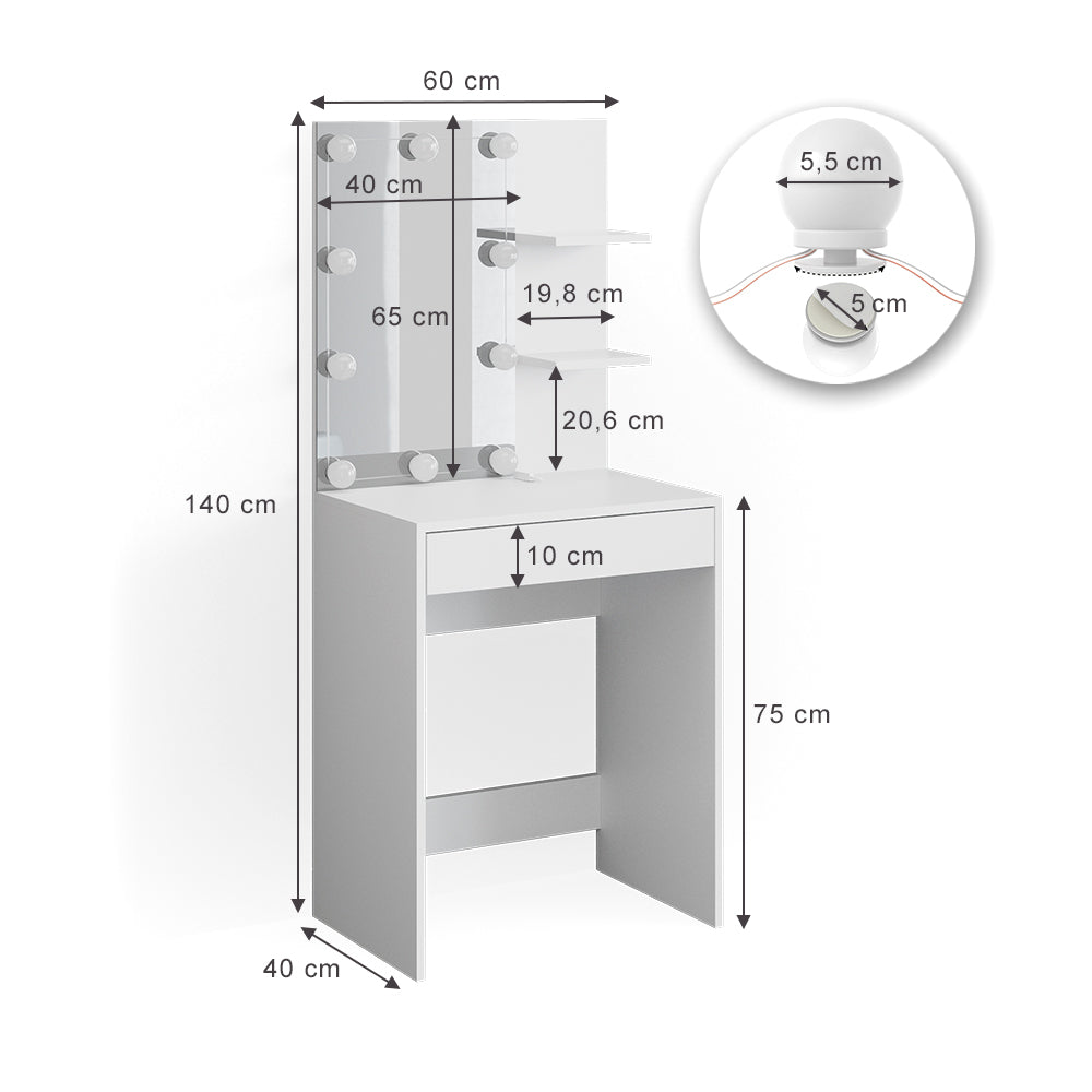 Vicco Tavolo da toeletta Bianco 60 cm con illuminazione a LED
