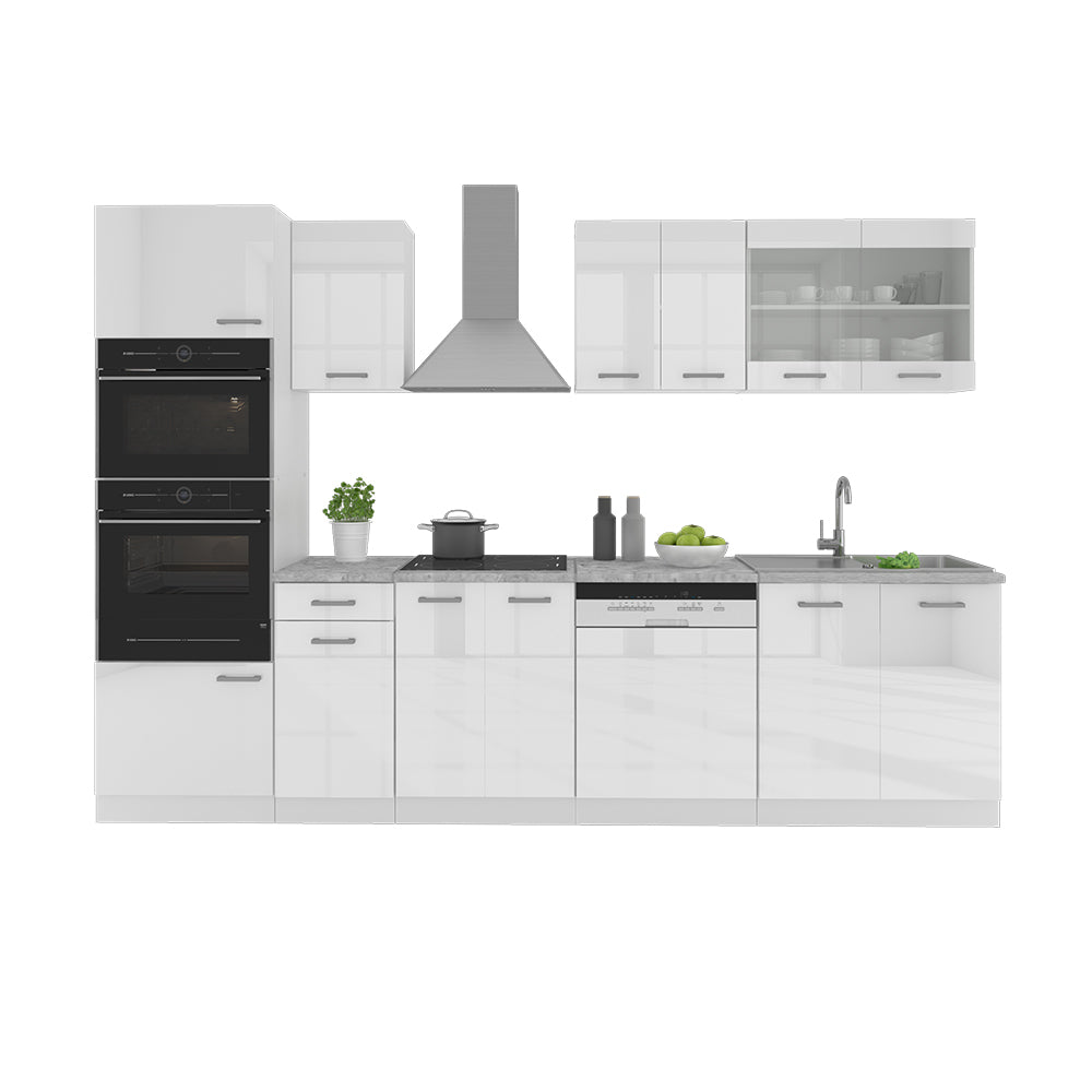 Vicco Cucina componibile Bianco 300 cm con armadio alto, PL Marmo
