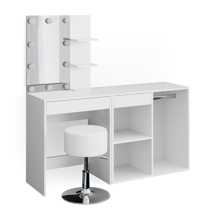 Vicco Tavolo da toeletta Bianco 60 cm con LED, sgabello e armadio