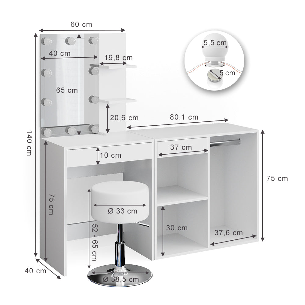 Vicco Tavolo da toeletta Bianco 60 cm con LED, sgabello e armadio