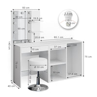 Vicco Tavolo da toeletta Bianco 60 cm con LED, sgabello e armadio