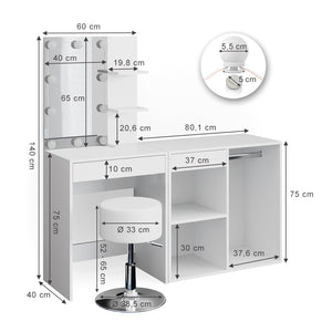 Vicco Tavolo da toeletta Bianco 60 cm con LED, sgabello e armadio