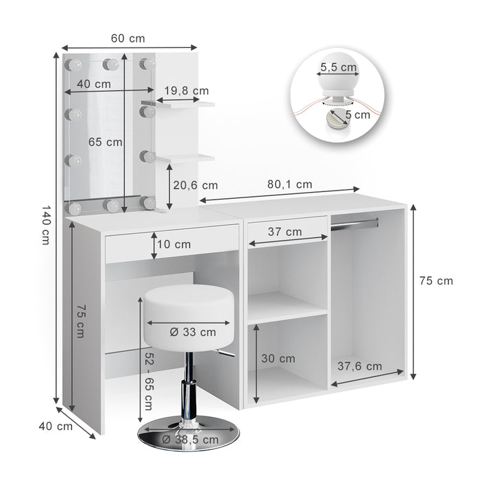 Vicco Tavolo da toeletta Bianco 60 cm con LED, sgabello e armadio