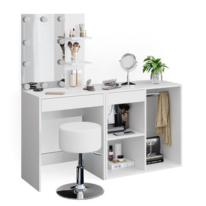 Vicco Tavolo da toeletta Bianco 60 cm con LED, sgabello e armadio