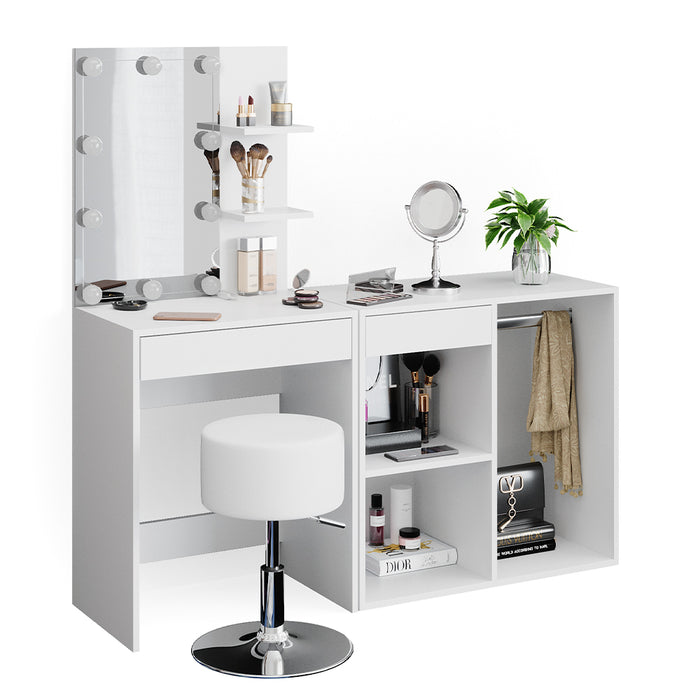 Vicco Tavolo da toeletta Bianco 60 cm con LED, sgabello e armadio