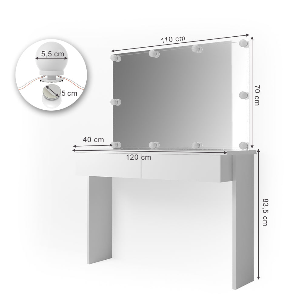 Vicco Tavolo da toeletta Bianco 120 cm con illuminazione a LED